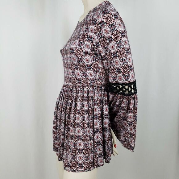 Max Jeans Hippie Tunic Top Floral Long Bell Sleeves Macramé Mandala - Picture 6 of 8